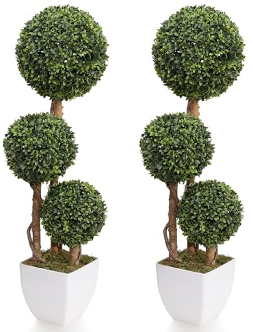 Damomo Topiarios artificiales de boj para exteriores, 3 pies, árbol de boj de triple bola falsa, arbustos sintéticos, plantas verdes, esfera desmontable, decoración en maceta, porche o jardín (35