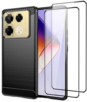 QINOUK Funda para Infinix Note 40 Pro 5G, [Anti-Huellas] Diseño de Textura Cepillada, Funda de TPU Suave con [2-Pack] Protectores de Pantalla para Infinix Note 40 Pro 5G-Negro