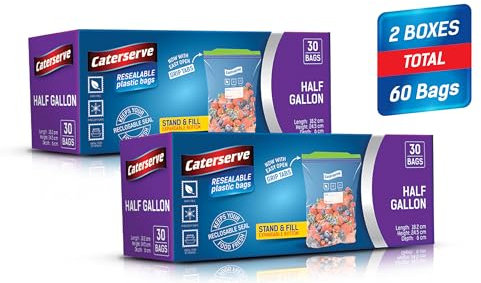 Plastic Ziplock Bags – Resealable Freezer Bags – 60 Half Gallon Zip Food Bags- Reusable Grip Seal Bags for Fruit, Veggies, Meat and Snacks – Heavy Duty BPA Free