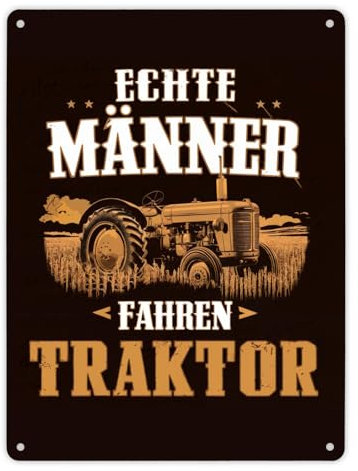 Echte Männer fahren Traktor Metallschild XL in 21x28 cm Perfekt für echte Kerle Alter Traktor-Charme auf dem Feld Hohe Pflanzen im dunklen Hintergrund