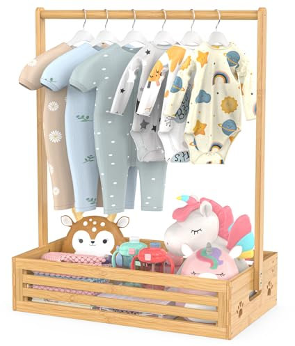 BAMBOOHOMIE Baby kleiderständer für Kleinkinder, Haustier Kleiderständer mit Aufbewahrungsbox & Verstellbarer Kleiderstange für Hunde/Katzen, Baby Shower Kleiderschrank mit Griff für das Kinderzimmer