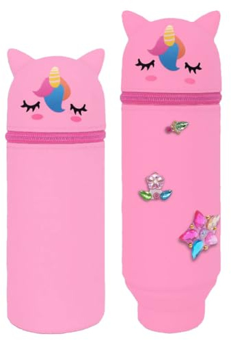 QRKPVHD Weiches Einhorn-Silikon-Stiftetui, Schlampermäppchen und Stifteköcher 2 in 1, Niedliches Federmäppchen Mäppchen Cartoon Bleistifthalter für Schülerin Teenager (Rosa)