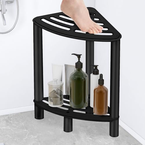JIAPAIDUO Stainless Steel Corner Shower Stool, Bathroom Bench, Matte Black Waterproof Stool with Rubber Cushion