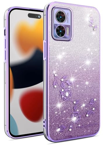 ILING Damen Hülle für Motorola Edge 30 Neo, Glitzernd Bunt Schutzhülle mit Elegant Rosenmustern und Funkeln Strass, Ultradünne Weich Silikon TPU Stoßfeste Handyhülle (Violett)