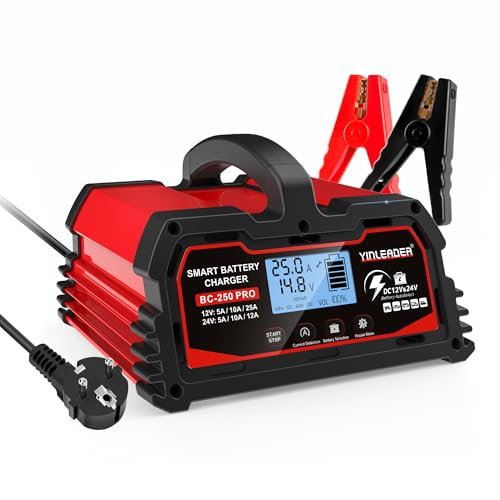 Yinleader Chargeur de Batterie Intelligent 25A 12V/24V 12A/10A/5A, Chargeur de Voiture LCD, mainteneur de Batterie pour AGM, Moto, 12V LiFePO4