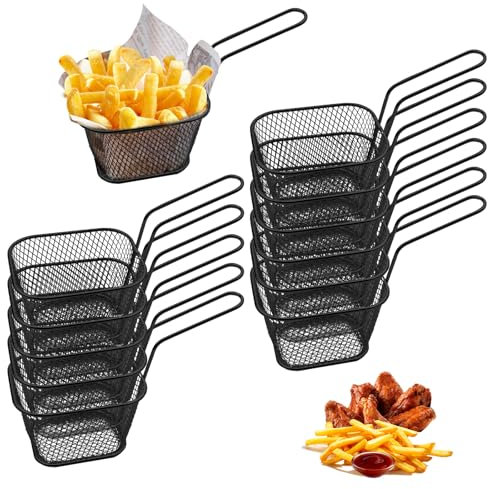 Lot de 12 petits paniers à frire noirs en acier inoxydable pour frites, mini paniers à frites, paniers à frites, panier à friteuse, panier à friteuse, panier à frites, crevettes, rondelles d'oignon