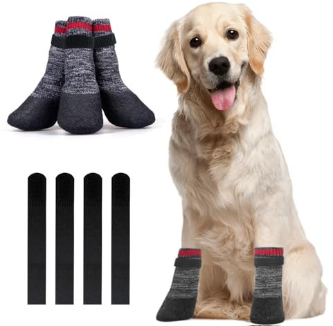 Voarge 4 Stück Hundesocken mit rutschfesten, Socken für Hunde Verstellbarer, wasserdichte Antirutschsocken für kleine, mittlere und große Hunde, XL