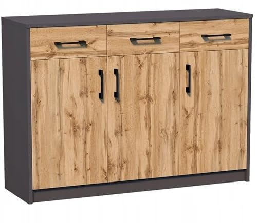MATKAM Schlafzimmer Kommode mit Schubladen und Türen - Sideboard Wohnzimmer H:85xB:110xT:35 cm - Komode mit 3 Schubladen und 3 Türen - Komodenschrank für Schlafzimmer - Anthrazit/Eiche