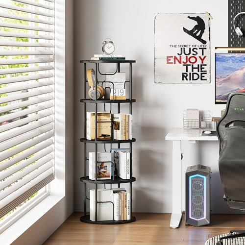 Flycity 360° Drehbares Bücherregal aus Holz, Standregal Möbel mit 4 Verstellbaren Ebenen, 45×45×129 cm, Schwarz, Ideal für Bücher und Deko