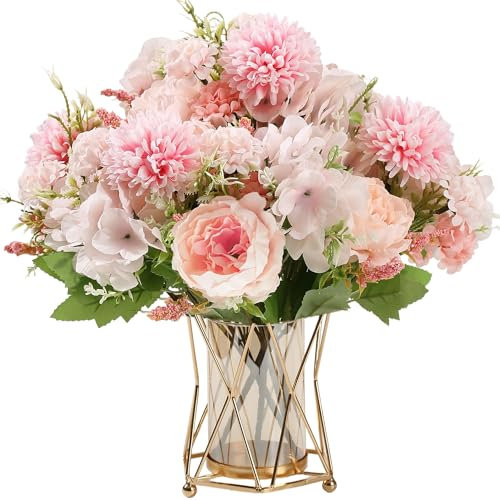 HNVNER Fleurs Artificielles Deco de Pivoines 4 Bouquets, Fausse Fleur en Tissu de Mixtes Hortensias pour Decoration Table, Mariage, Arrangement Floral, Maison, Cuisine, Rose