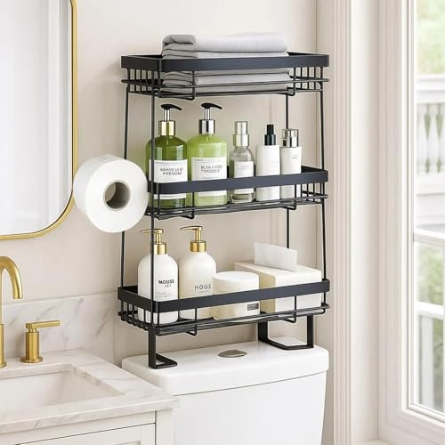 Pinkgarden Over-the-Toilet Storage Shelf, Large Capacity Bathroom Organizer, No-Drill Installation, Rust-Resistant Thick Steel, Space-Saving Over Toilet Bathroom Shelf (Black, 3 Tier)