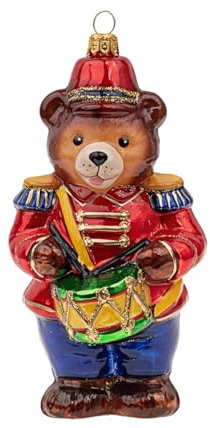 Decorazione per albero di Natale in vetro soffiato dipinto a mano in Europa | Ciondolo per albero di Natale | Decorazione per albero di Natale (orsacchiotto con tamburo)