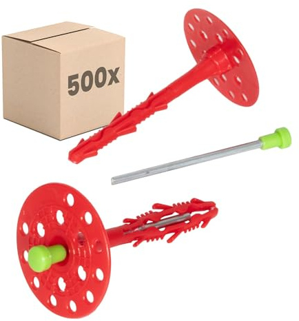 PROTEKTOR 500x Cheville isolation, clou acier Ø8 x 160mm plastique, acier | Cheville à enfoncer certifiée ETA avec clou pour ITE, isolation de façade, cheville de façade, cheville à rosace