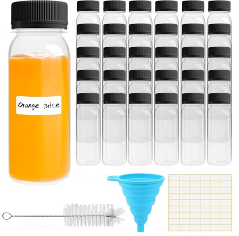 PWGHWG 30 Piezas Botellitas Pequeñas para Rellenar, 60 ml Mini Botellas de Plástico Reutilizables con Tapas y Embudo, Botellas de Jugo, Botella Plastico Transparente para Zumos, Bebidas