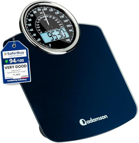 Adamson Hybrid 2-in-1 Analog & Digital Weighing Scale for Body Weight up to 180kg - Thick Tempered Glass - Extra Large Display - Easy to Read Digital Bathroom Scale - Blue with Black Backlight