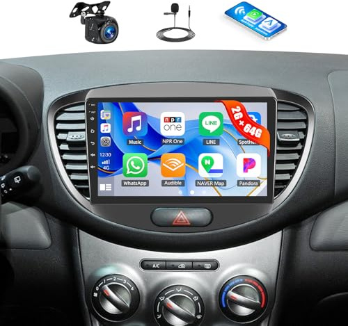 CAMECHO 2+64G Android Car Stereo for Hyundai I10 2007-2013 Car Radio with Wireless Carplay Android Auto 9 Inch 2.5D Touch Screen Bluetooth GPS WiFi FM/RDS EQ SWC USB Input Rear View Camera MIC