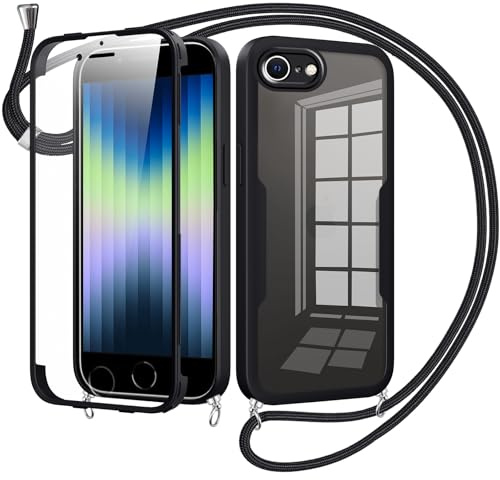 Jrkvniv Handyband mit Band für iPhone 8/iPhone 7/iPhone SE 2020/2022 Hülle-Necklace HandyHülle,Eingebautem Schutzfolie Anti-Kratzer,360 Grad Displayschutz Ganzkörper Robuste Case Transparente-Schwarz