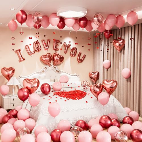 Adeyoo Pink Valentines Decorations - Metallic Red and Baby Pink Latex Confetti Balloon, I Love You and Heart Balloons with Rose Petals Heart Hanging String for Romantic Valentines Party Supplies