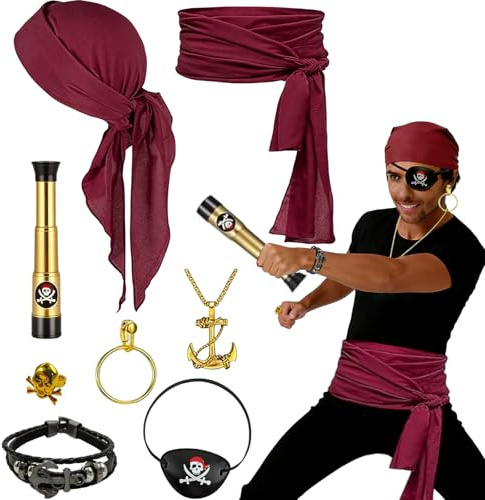AOMAIGAD 8 Stück Piraten Kostüm Zubehör Set für Damen und Herren, Mittelalter Piratenkostüm Zubehör, Pirate Accessories set mit Piraten Kopftuch, Gürtel, Augenklappe, für Cosplay, Karneval, Halloween