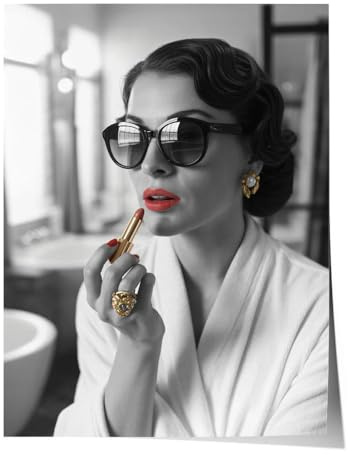 CANVEO Coco Chanel Bild Poster Leinwand, Badezimmer Gäste Bad Toilette Klo Wanddeko Wandbild, schwarz weiß Kunstdruck, Vintage Retro Fashion Mode Retro Hollywood Glamour Wandkunst