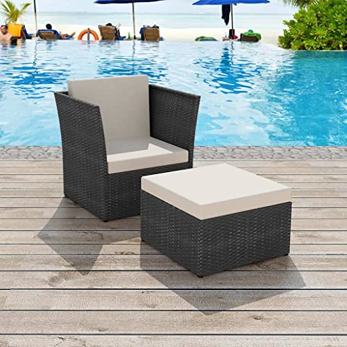IBUQDDV Fauteuil de jardin, avec repose-pieds, en rotin synthétique et acier, noir, avec coussin, extérieur