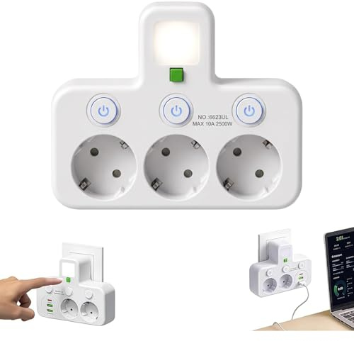 Kabellose Steckdosenleiste, mit Nachtlicht multifunktionale Adaptersteckdosenleiste, 2/3/4/5 Fach Mehrfachstecker–Einzelschalter–Ideal für Schlafzimmer, Büro, Reise (Weiß,3 Dosen)