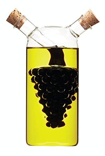 KitchenCraft World of Flavors Dispenser per Olio e Aceto in Vetro, Bottiglia per Olio e Aceto 2 in 1, Bottiglia Cruet con Tappo in Sughero, Design Uva, 50 + 300ml