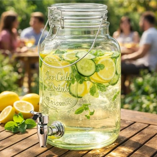 Getränkespender mit Hahn 4L Glas Enjoy Zapfhahn Wasserspender Limonadenspender Saftspender Dispenser Trinkspender (4 L Spender)