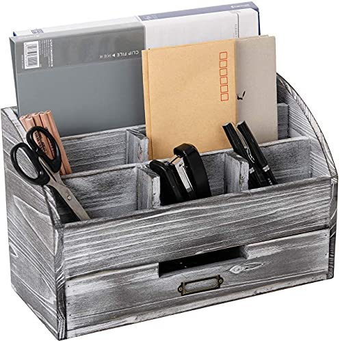 Rustikaler Schreibtisch-Organizer aus Holz mit 5 Fächern und 2 Schubladen und Theken, für Schreibtisch, Briefablage, Bleistifte und Bürobedarf, Schmuck-Aufbewahrungsbox (grau-weiß)