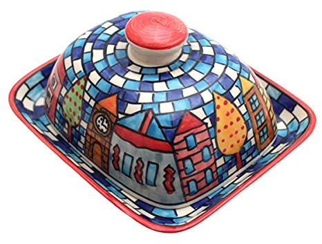 Gall&Zick Beurrier avec couvercle, en porcelaine, multicolore, peint à la main, cloche à beurre, fait à la main, pour un beurre normal de 250 g, passe au lave-vaisselle (Urban)