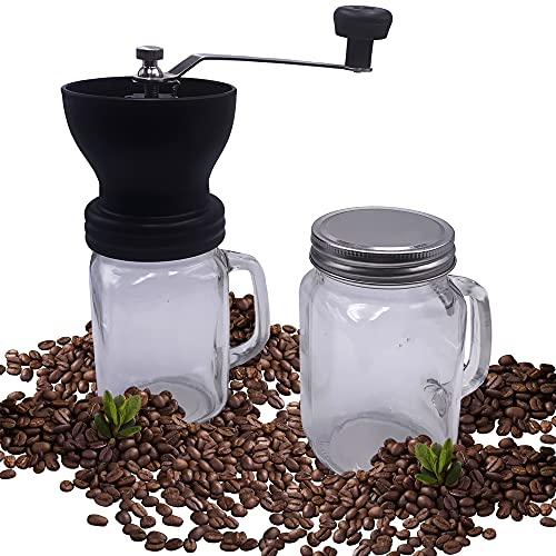 Macina caffé manuale + 2 caraffe in vetro (Macinacaffè). Lame grinder ceramica per una migliore molatura. Design esclusivo, elegante e facile da usare