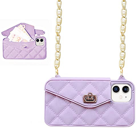 UnnFiko Wallet Case Compatible with iPhone 6 Plus/ 6s Plus, Purse Flip Card Holder Soft Silicone Case Cover with Handstrap & Long Pearl Crossbody Chain (Purple, iPhone 6 Plus/ 6s Plus)
