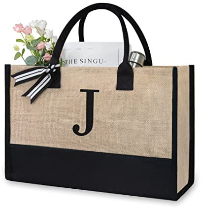 TOPDesign Initiale Jute-/Leinen-Tragetasche, personalisierte Geschenktasche, geeignet für Hochzeit, Geburtstag, Strand, Urlaub, Freunde, Brautjungfern (Buchstabe J)
