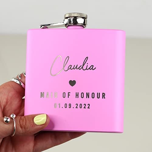 eBuyGB Personalised Pink Stainless Steel 6oz Hip Flask, Laser Engraved Wedding Gift for Bridesmaids, Maid of Honour, Mother of The Bride/Groom, Hen Party