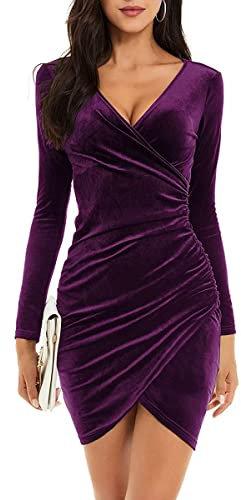 Onsoyours Abito da Sera Donna a Maniche Lunghe Scollo a V Tinta Unita Abiti Tubino Elegante Vestito in Velluto per Festa Cerimonia Cocktail Invernale B Viola M