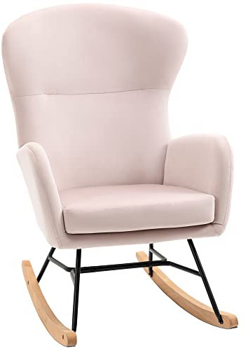 HOMCOM Silla Mecedora Tapizada en Terciopelo Sillón Balancín Relax con Asiento Acolchado Reposabrazos y Pies de Madera de Haya para Salón Dormitorio 65x87x102 cm Rosa