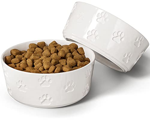 Ceramic Dog Bowl Set with Anti-Slip Rings - 6.5 Round x 2.5 Tall Set of 2 Ceramic Dog Bowls Medium Sized Dog - Dog Food and Water Bowl - White Dog Dishes - Dog Food Bowls - Dog Bowls Small Size Dog