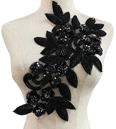 Heyiwell 1 x 3D-Aufnäher zum Aufnähen, Stickerei, Perlen, Strass, für DIY-Kleidung, Hochzeitskleid, Dekoration, 21 x 34 cm, Schwarz