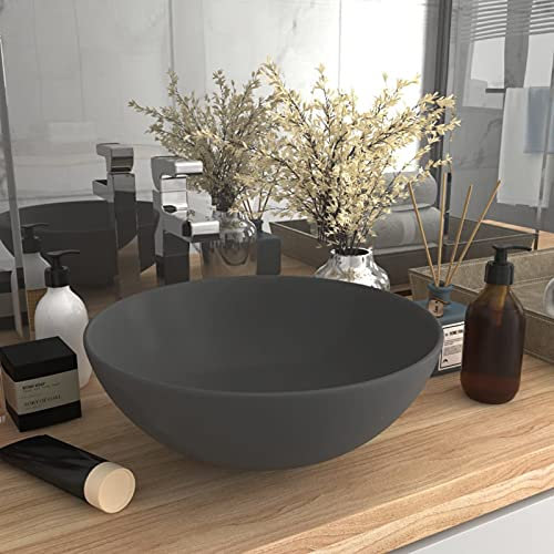 Homgoday Lavabo da appoggio con foro di scarico, lavabo, lavabo a mano, per bagno e WC ospiti, in ceramica, grigio chiaro, rotondo
