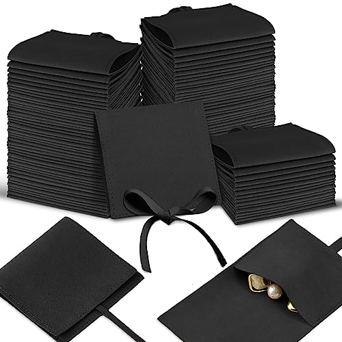 80 Pcs Microfiber Jewelry Pouch 3.15''/8cm Luxury Small Jewelry Gift Bag Jewelry Packaging for Small Business Envelope Style Bracelet Packaging Bow Tie Microfiber Pouch with Strings Divider (Black)