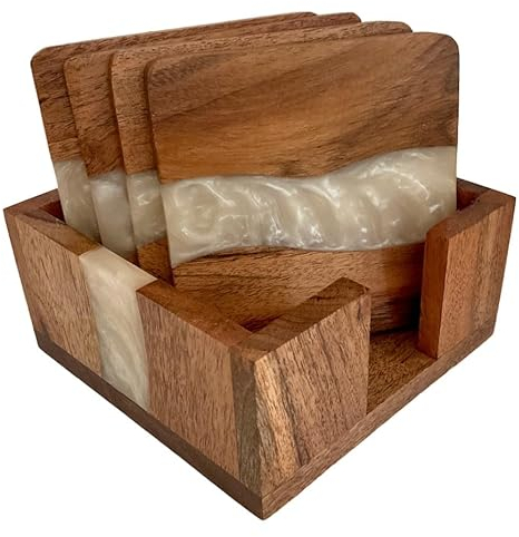 Vinola Untersetzer aus Holz und Harz, 4er-Set mit Halter für Couchtisch, handgefertigtes Akazienholz und Epoxidharz-Untersetzer-Set, schützen Tische, nicht saugfähig und leicht zu reinigen, für