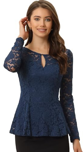 Allegra K Women's Dressy Top Formal Wedding Guest Long Sleeve Lace Peplum Blouse, Dark Blue, XL