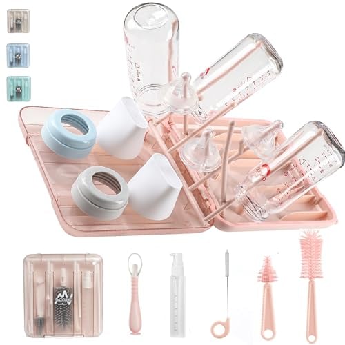 BAZELINE CREATIONS Kit de nettoyage de biberons 7 en 1 : brosse à biberon, brosse à tétine, brosse à paille, distributeur de savon, cuillère, support pour biberons, boîte de rangement - Essentiels de