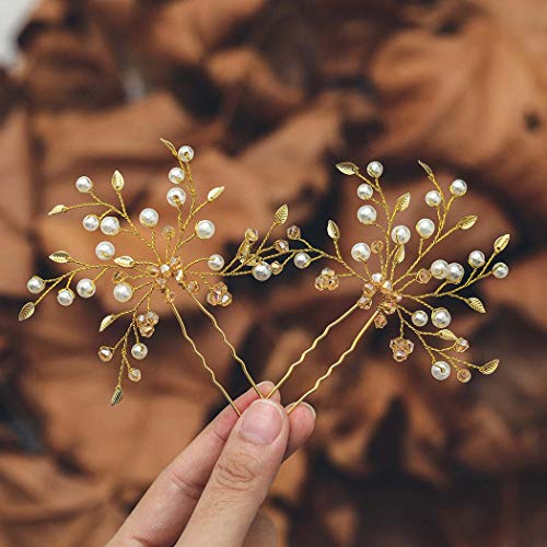 Ushiny Pearl Bride Hochzeit Haarnadeln Gold Haarteil Blatt Haarspangen Perlen Braut Haarschmuck für Frauen und Mädchen (2er Pack)