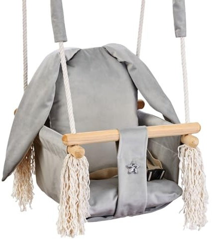 Love Gifts® Babyschaukel aus Holz hochwertig und geeignet als Indoor Schaukel, montierbar an der Decke sowie im Türrahmen, Hase-Grau, Made in EU
