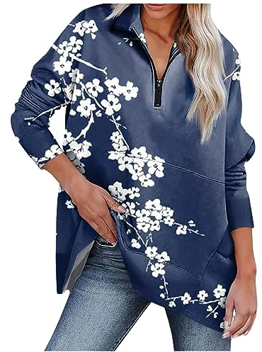 HKUOPW Trikot Damene Ruffle mit Gummizug Sweaters Bedrucken Turn Down Collar Sweaters Frauen Langärmlige Gemütlich Baumwoll Overzised Elegante Baseball Winter