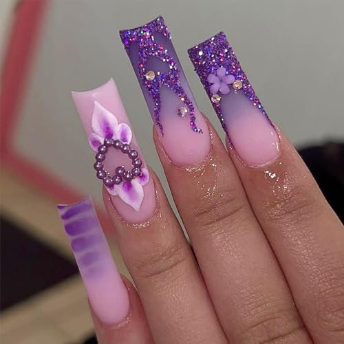 Angwis 24pcs Long Coffin Purple Ombre Glitter Rhinestone Flower Press on Nails, Full Cover Fake Nails, Women Bridal Nail Art Accessories
