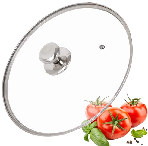 DIIG Pfannendeckel 28 cm, Glasdeckel mit Edelstahlrand, Topfdeckel mit Metallknauf, universaldeckel für Topf und Pfanne, hitzebeständiges