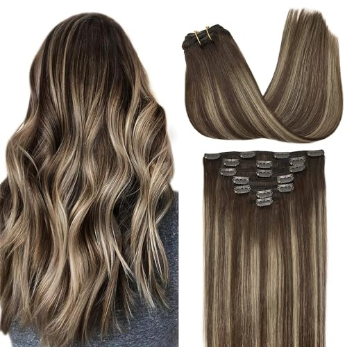 GOO GOO Clip in Human Hair Extensions, 24inch 120g 7pcs,Hair Extensions Clip in, 4/26/4 Chocolate Brown to Honey Blonde