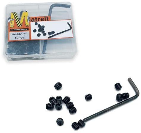 Matrelt 40pcs 1/4-20x1/4 Hex Socket Set Screws Assortment Kit, Black Alloy Cup Point Grub Screw for Bathroom Fixtures Door Handles Stripper Pole Rack Screws Precision Instrument ETS